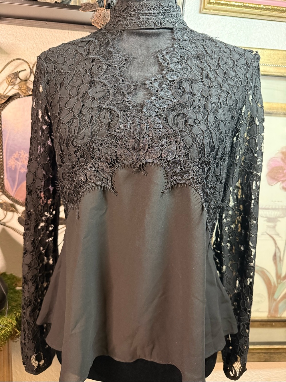 Endless Rose Black Floral Lace Mock Neck Blouse Top S Sheer Eyelash Peplum Goth